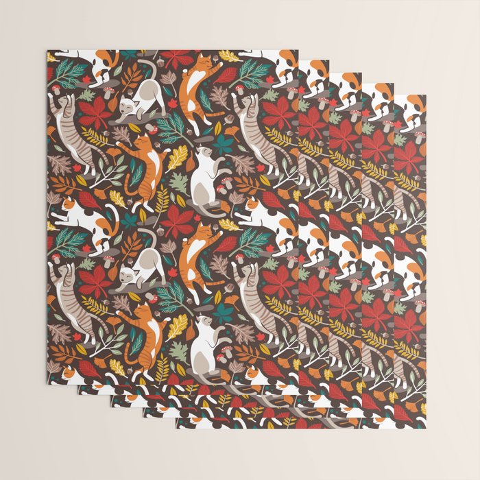 Autumn joy // brown oak background cats dancing with many leaves in fall colors Wrapping Paper Gallery Image 3
