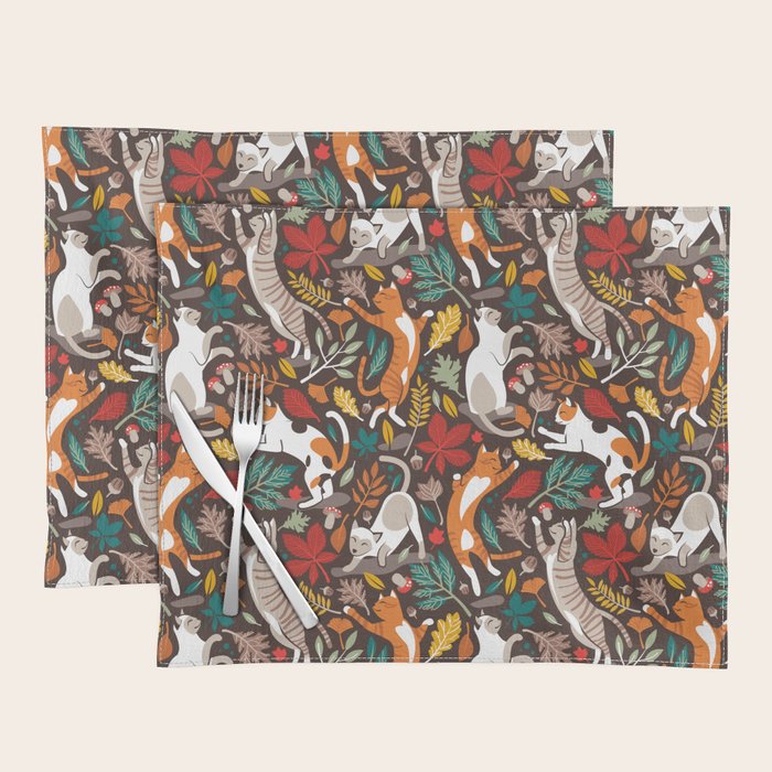 Autumn joy // brown oak background cats dancing with many leaves in fall colors Placemat Gallery Image 1