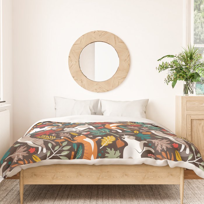 Autumn joy // brown oak background cats dancing with many leaves in fall colors Duvet Cover Gallery Image 3