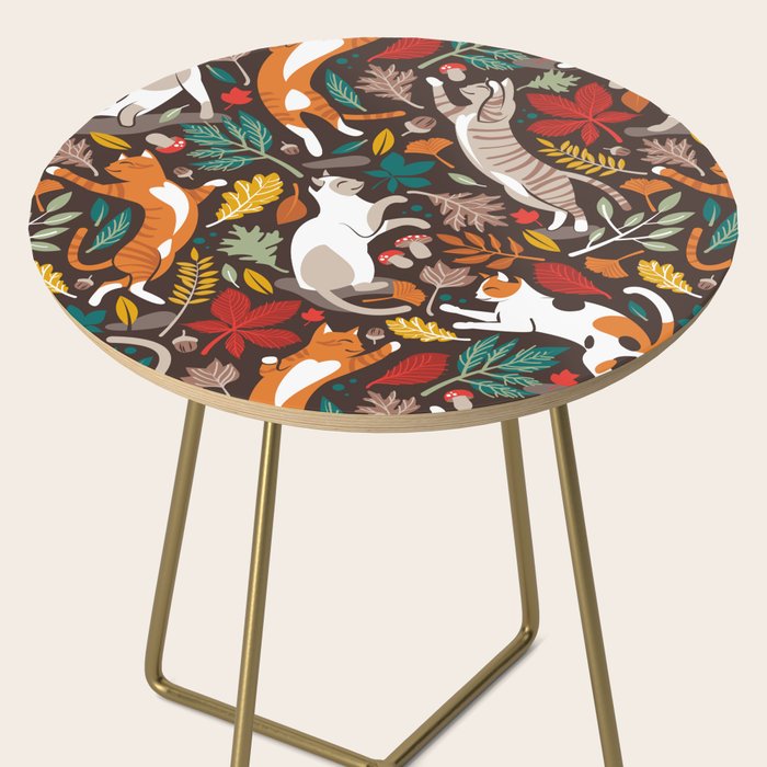 Autumn joy // brown oak background cats dancing with many leaves in fall colors Side Table Gallery Image 2