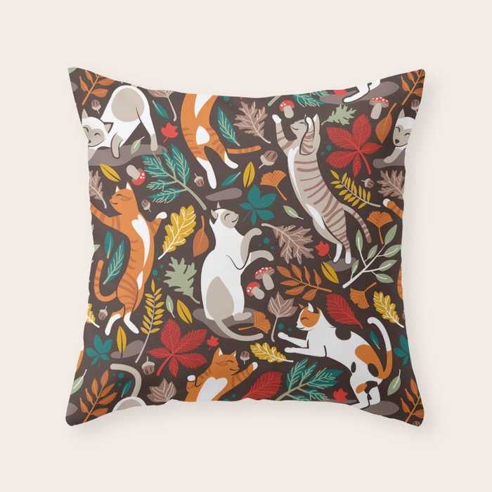 Autumn joy // brown oak background cats dancing with many leaves in fall colors Throw Pillow Gallery Image 6
