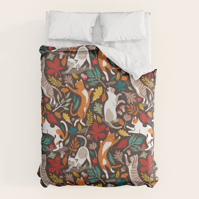 Autumn joy // brown oak background cats dancing with many leaves in fall colors Duvet Cover Gallery Image 6