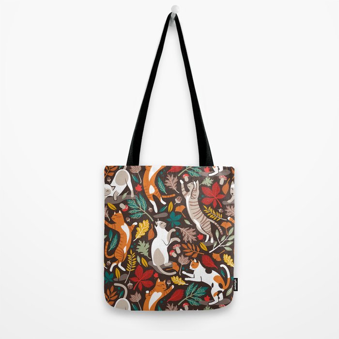 Autumn joy // brown oak background cats dancing with many leaves in fall colors Tote Bag Gallery Image 2