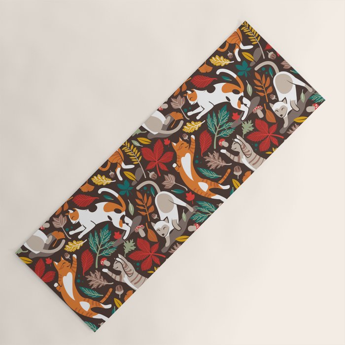 Autumn joy // brown oak background cats dancing with many leaves in fall colors Yoga Mat Gallery Image 1