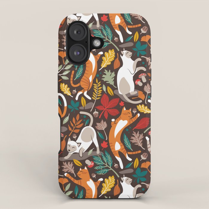 Autumn joy // brown oak background cats dancing with many leaves in fall colors iPhone Case Gallery Image 1
