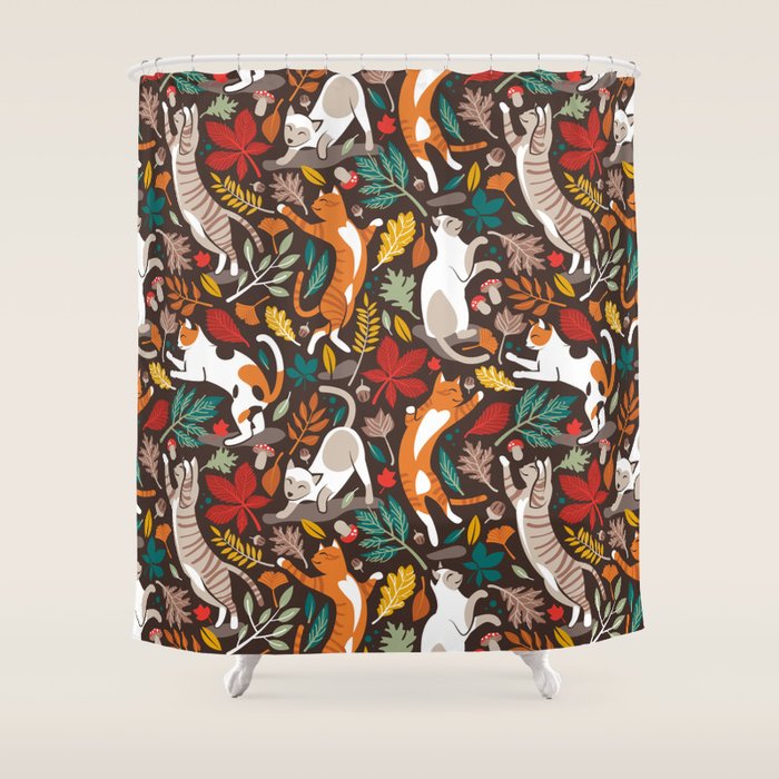 Autumn joy // brown oak background cats dancing with many leaves in fall colors Shower Curtain Gallery Image 1