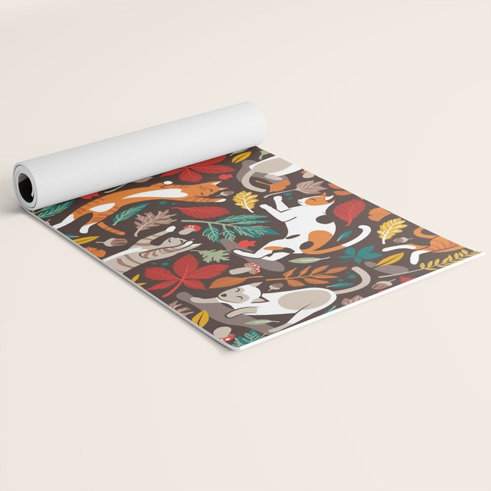 Autumn joy // brown oak background cats dancing with many leaves in fall colors Yoga Mat Gallery Image 2