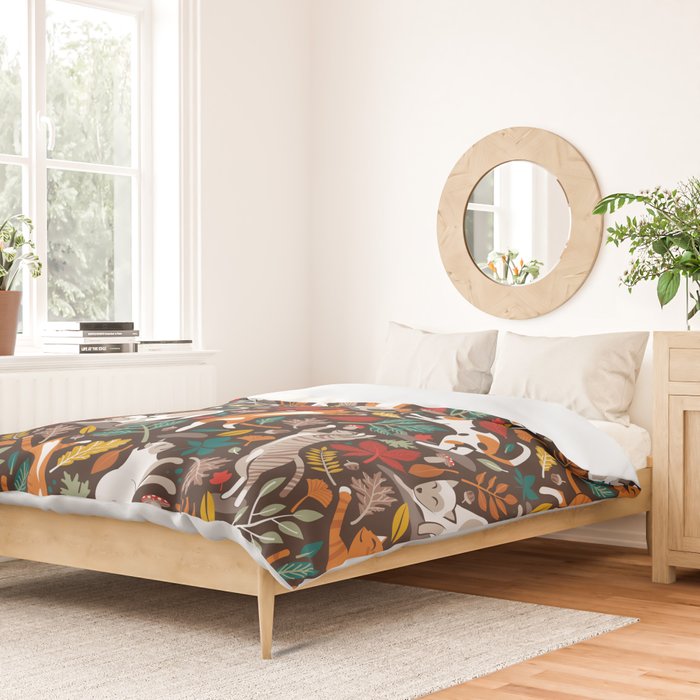 Autumn joy // brown oak background cats dancing with many leaves in fall colors Duvet Cover Gallery Image 2