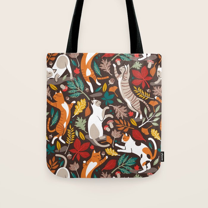 Autumn joy // brown oak background cats dancing with many leaves in fall colors Tote Bag Gallery Image 1