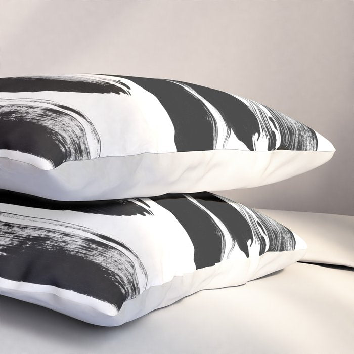 Stripes Black & White Minimalist Abstract Mid century Ink Art Dark Brush Strokes Pillow Sham Gallery Image 3