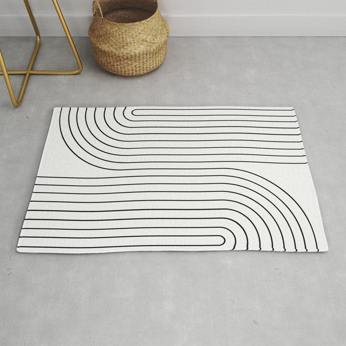 Minimal Line Curvature I Black and White Mid Century Modern Arch Abstract Rug Gallery Image 1