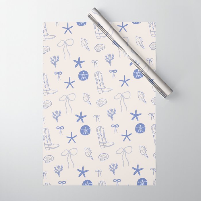 Coastal Cowgirl | Beachy Blue Seashells & Boots Wrapping Paper Gallery Image 1