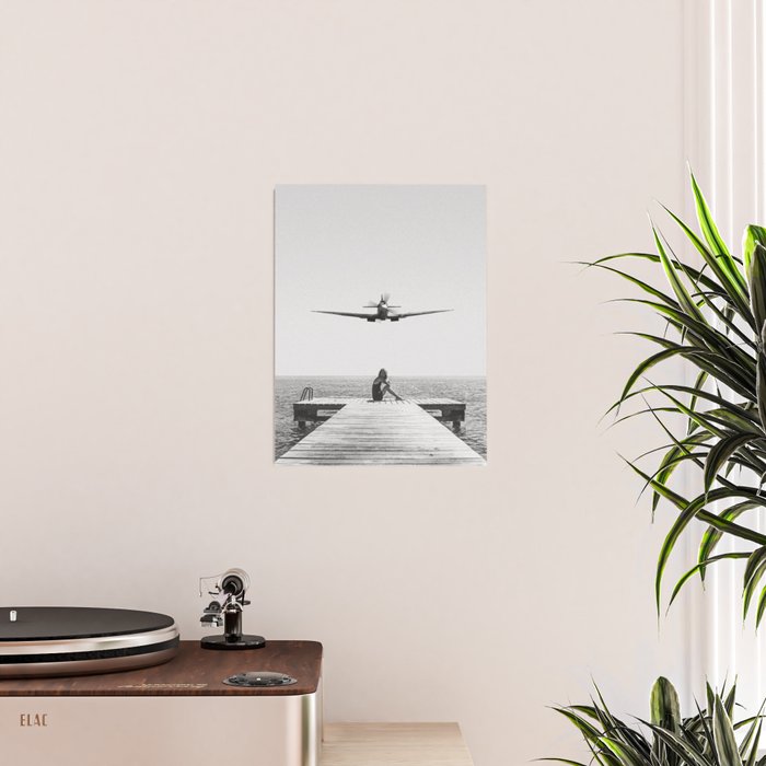 Steady As She Goes; aircraft coming in for an island landing black and white photography- photographs Poster Gallery Image 2