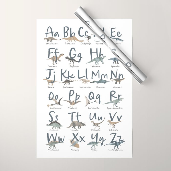 Dinosaur alphabet in muted shades of blue, grey and green Wrapping Paper Gallery Image 1