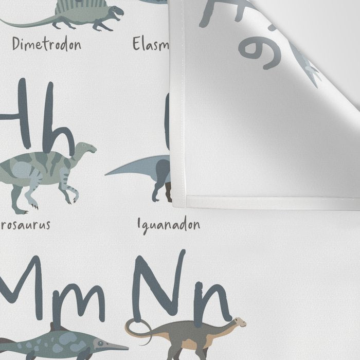 Dinosaur alphabet in muted shades of blue, grey and green Wall Tapestry Gallery Image 3