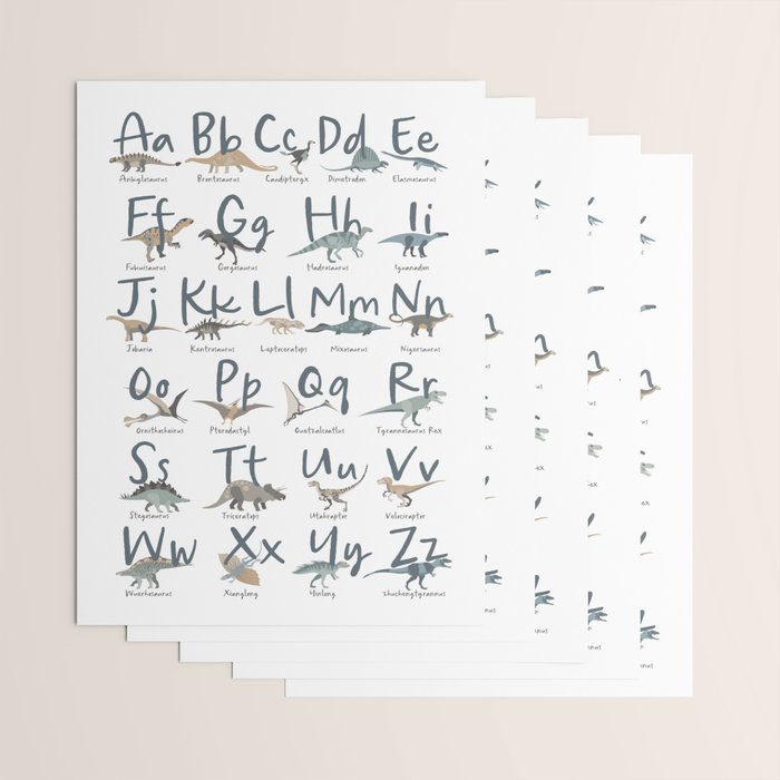 Dinosaur alphabet in muted shades of blue, grey and green Wrapping Paper Gallery Image 3