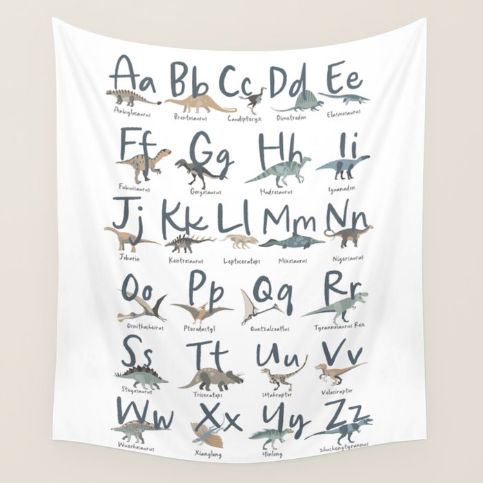 Dinosaur alphabet in muted shades of blue, grey and green Wall Tapestry Gallery Image 1