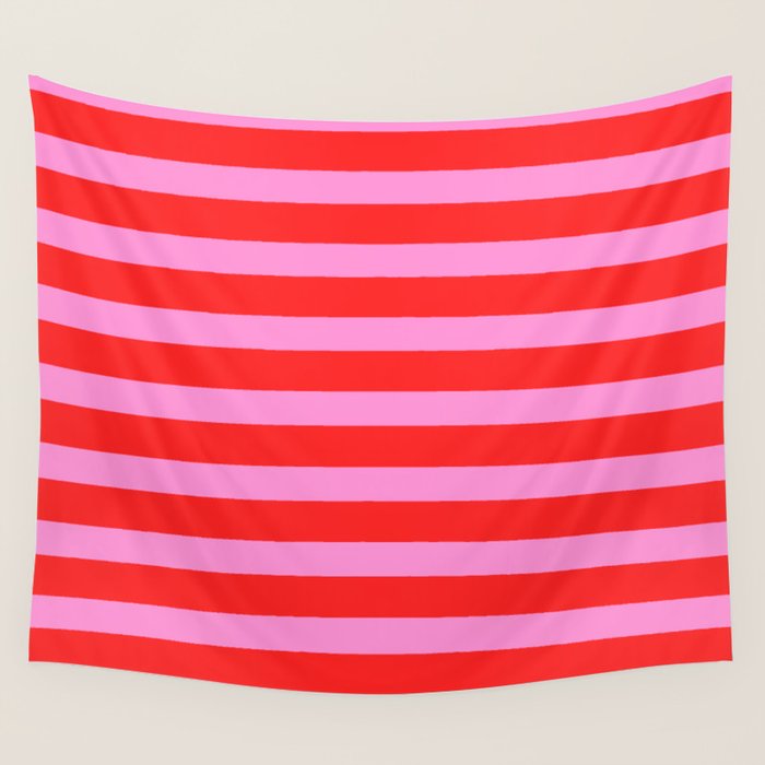 Preppy Pink and Red Stripes Pattern Wall Tapestry Gallery Image 1