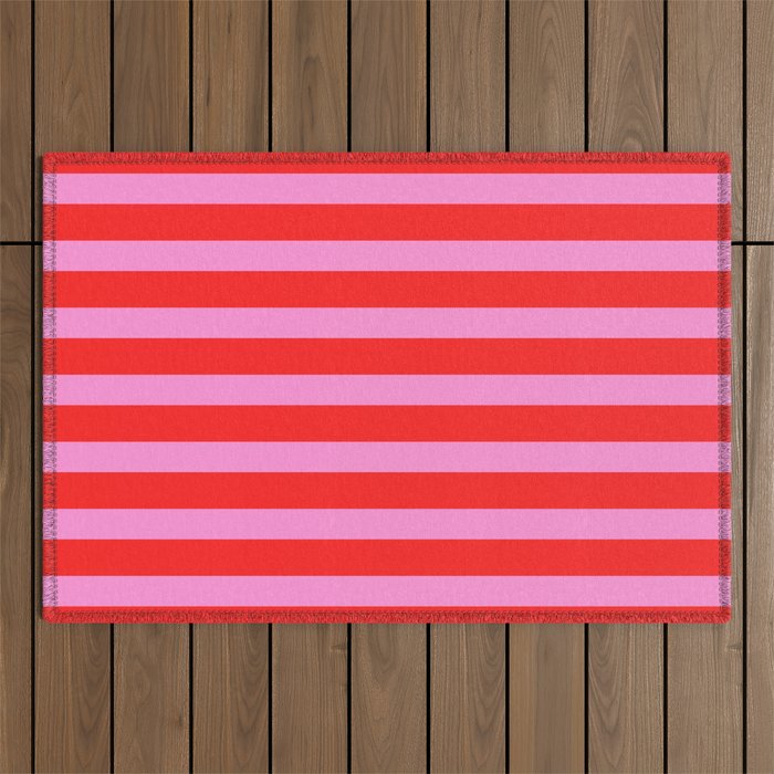 Preppy Pink and Red Stripes Pattern Outdoor Rug Gallery Image 1