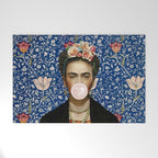Woman  Blowing a pink Bubble gum with vintage Medway tapestry Welcome Mat Gallery Image 1