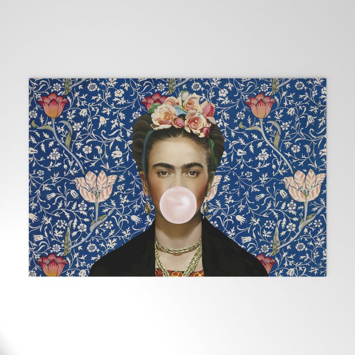 Woman  Blowing a pink Bubble gum with vintage Medway tapestry Welcome Mat Gallery Image 1