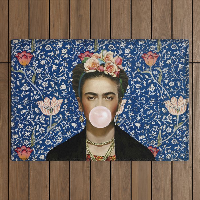 Woman  Blowing a pink Bubble gum with vintage Medway tapestry Outdoor Rug Gallery Image 1