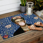 Woman  Blowing a pink Bubble gum with vintage Medway tapestry Outdoor Rug Gallery Image 2