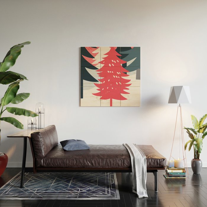 Winter christmas pine tree forest art Wood Wall Art Gallery Image 2