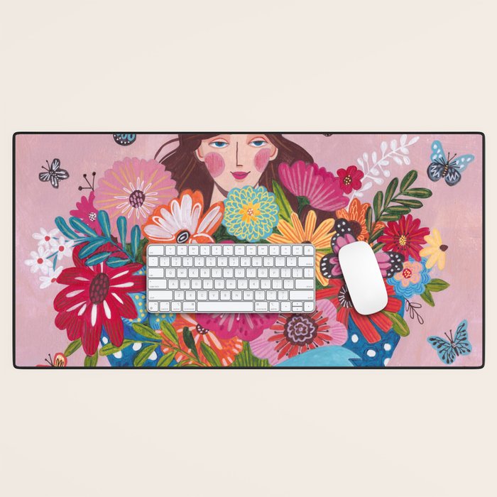 Woman with flower bouquet Desk Mat Gallery Image 1