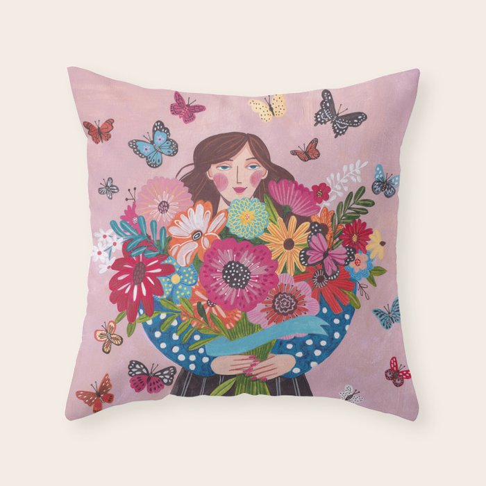Woman with flower bouquet Throw Pillow Gallery Image 6