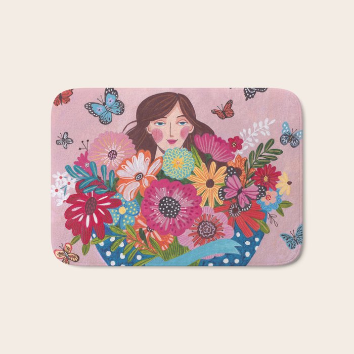 Woman with flower bouquet Bath Mat Gallery Image 1