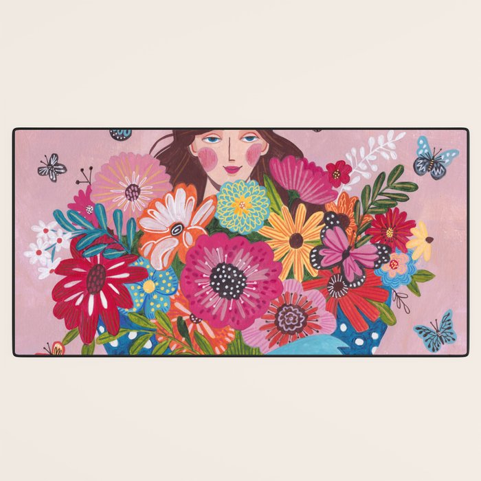 Woman with flower bouquet Desk Mat Gallery Image 3