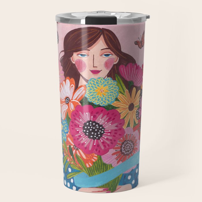 Woman with flower bouquet Travel Mug Gallery Image 1