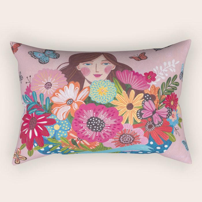 Woman with flower bouquet Rectangular Pillow Gallery Image 2