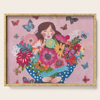 Woman with flower bouquet Serving Tray Gallery Image 1