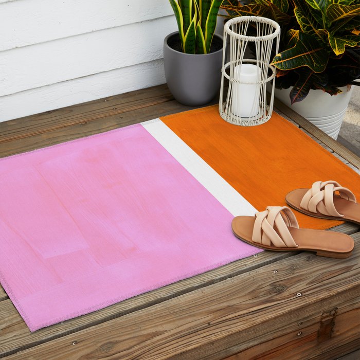Pastel Neon Pink Yellow Ochre Mid Century Modern Abstract Minimalist Rothko Color Field Squares Outdoor Rug Gallery Image 2