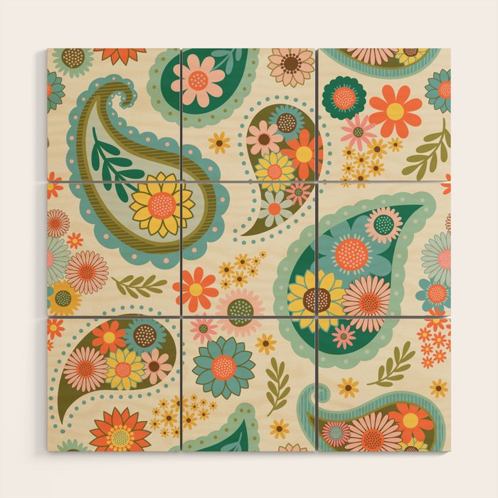 Retro Paisley Floral - Multicolored on Cream Wood Wall Art Gallery Image 1