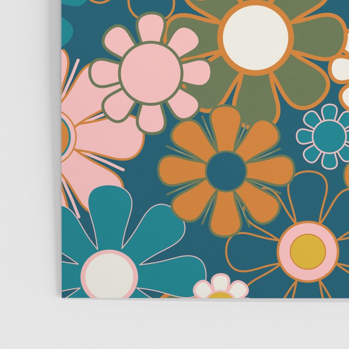 Pretty Groovy Retro Garden Floral Pattern Blue Pink Orange Olive Poster Gallery Image 3