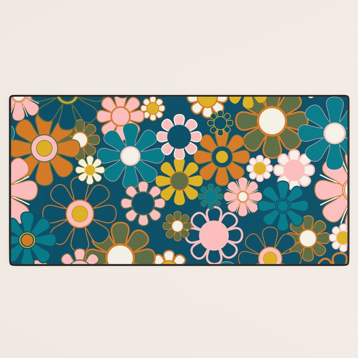 Pretty Groovy Retro Garden Floral Pattern Blue Pink Orange Olive Desk Mat Gallery Image 3