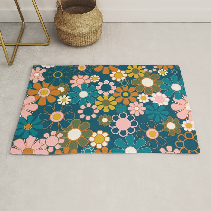 Pretty Groovy Retro Garden Floral Pattern Blue Pink Orange Olive Rug Gallery Image 1