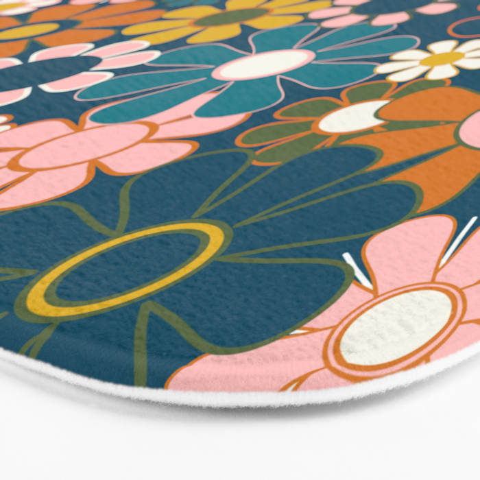 Pretty Groovy Retro Garden Floral Pattern Blue Pink Orange Olive Bath Mat Gallery Image 3
