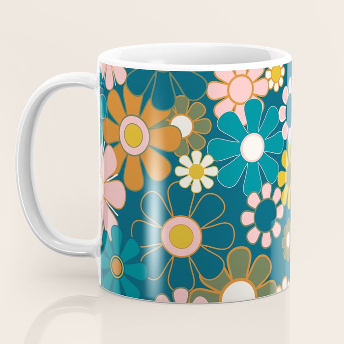 Pretty Groovy Retro Garden Floral Pattern Blue Pink Orange Olive Coffee Mug Gallery Image 3