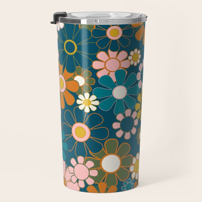 Pretty Groovy Retro Garden Floral Pattern Blue Pink Orange Olive Travel Mug Gallery Image 3