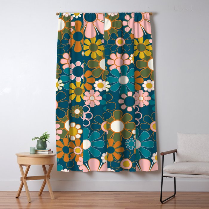 Pretty Groovy Retro Garden Floral Pattern Blue Pink Orange Olive Window Curtain Gallery Image 5