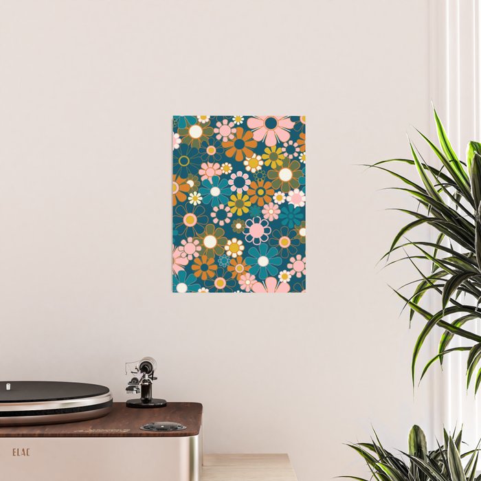 Pretty Groovy Retro Garden Floral Pattern Blue Pink Orange Olive Poster Gallery Image 2