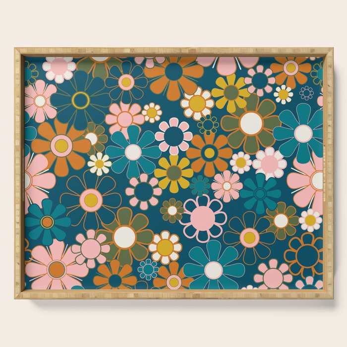 Pretty Groovy Retro Garden Floral Pattern Blue Pink Orange Olive Serving Tray Gallery Image 1