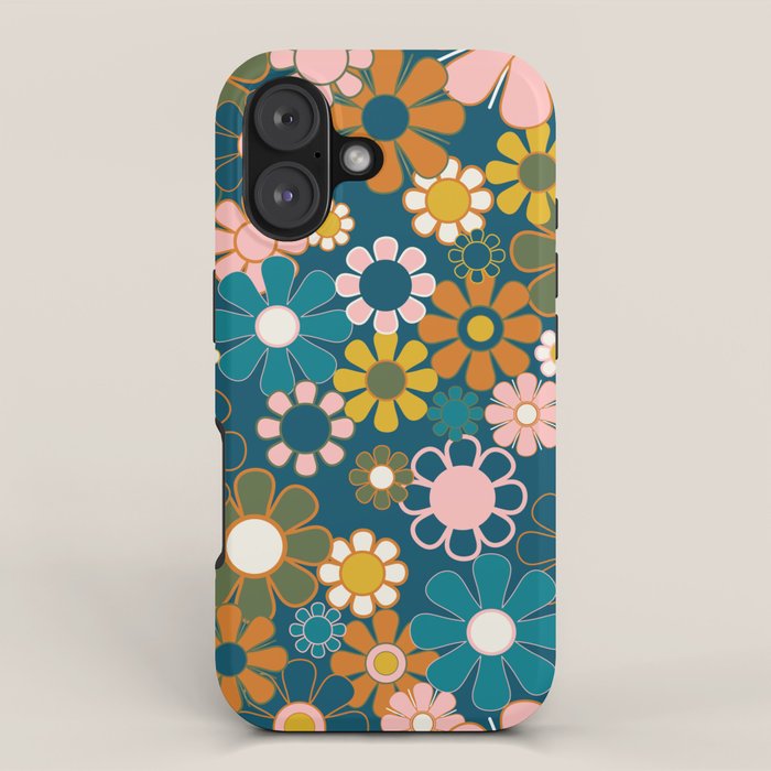 Pretty Groovy Retro Garden Floral Pattern Blue Pink Orange Olive iPhone Case Gallery Image 1