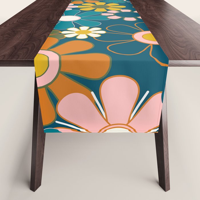 Pretty Groovy Retro Garden Floral Pattern Blue Pink Orange Olive Table Runner Gallery Image 1