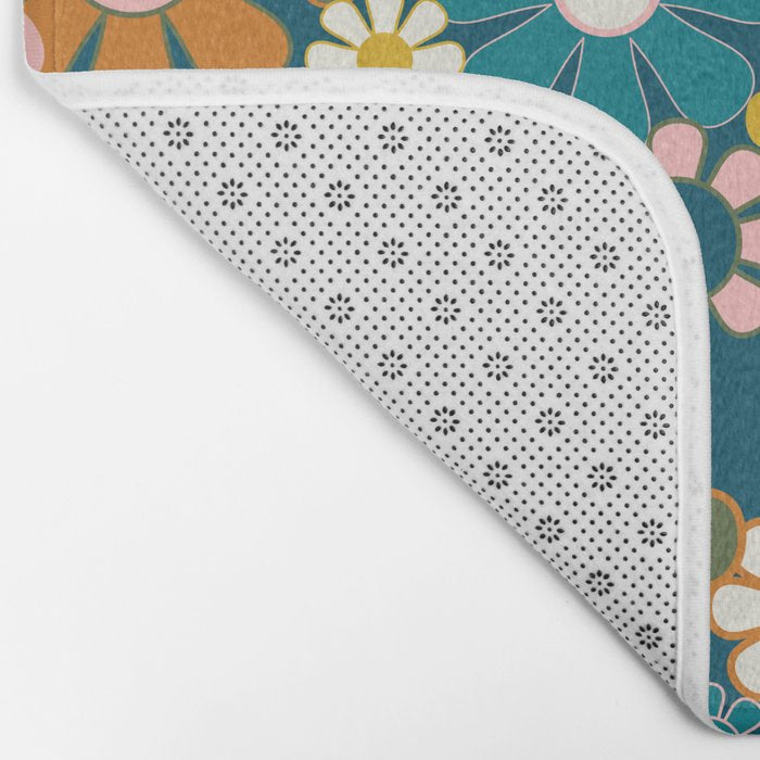 Pretty Groovy Retro Garden Floral Pattern Blue Pink Orange Olive Bath Mat Gallery Image 2