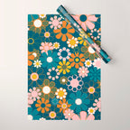 Pretty Groovy Retro Garden Floral Pattern Blue Pink Orange Olive Wrapping Paper Gallery Image 1